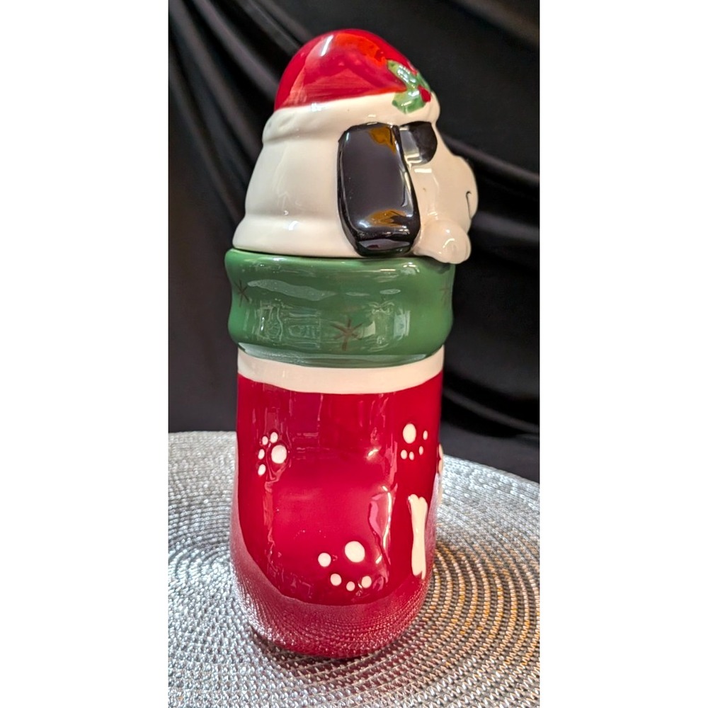 Dog Cookie Treat Jar Paw Winter Season Christmas Holiday Santa Hat Vintage - Picture 2 of 7
